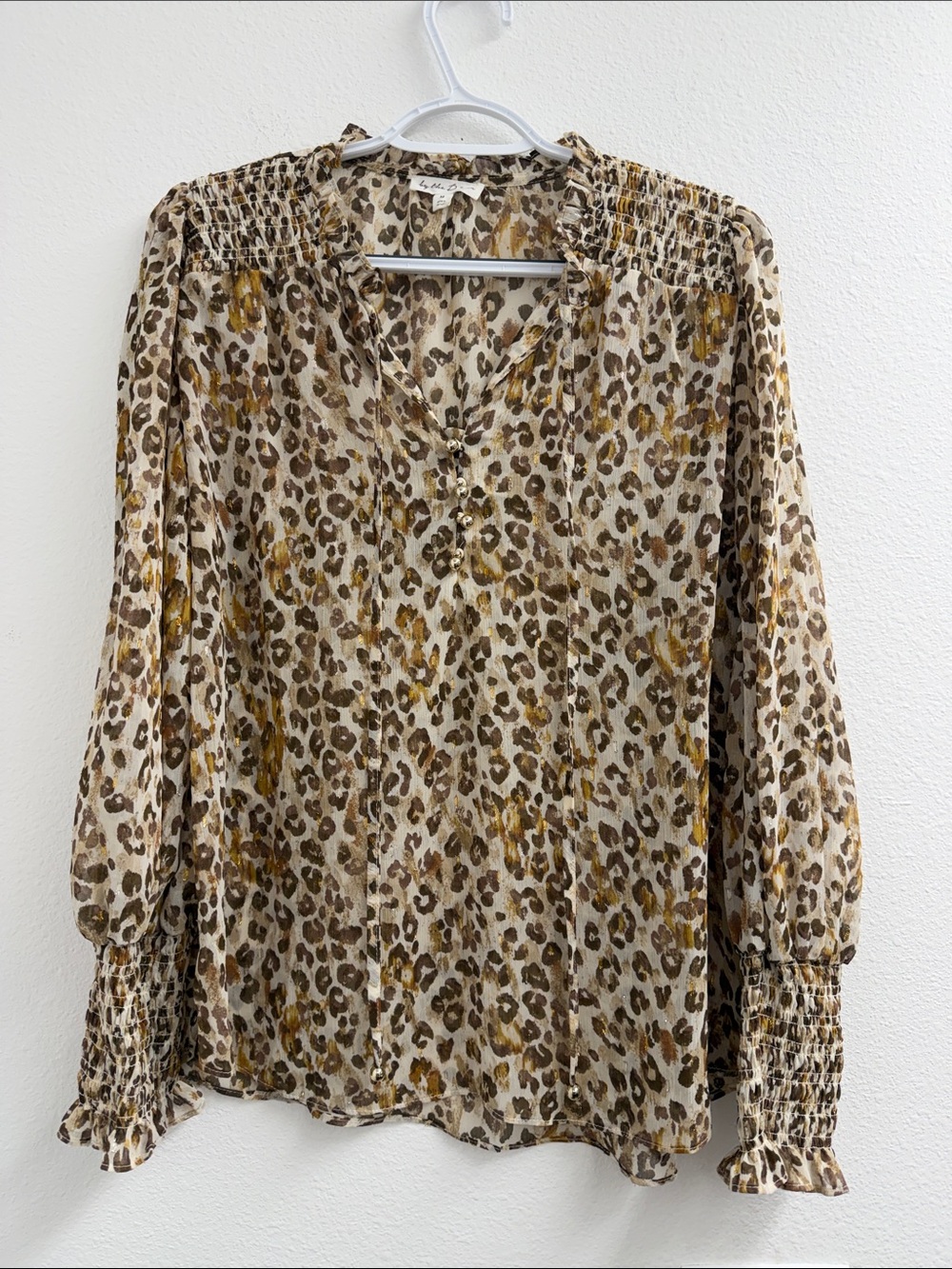 Women's brown and gold Leopard Print Blouse with ruffle details size Medium